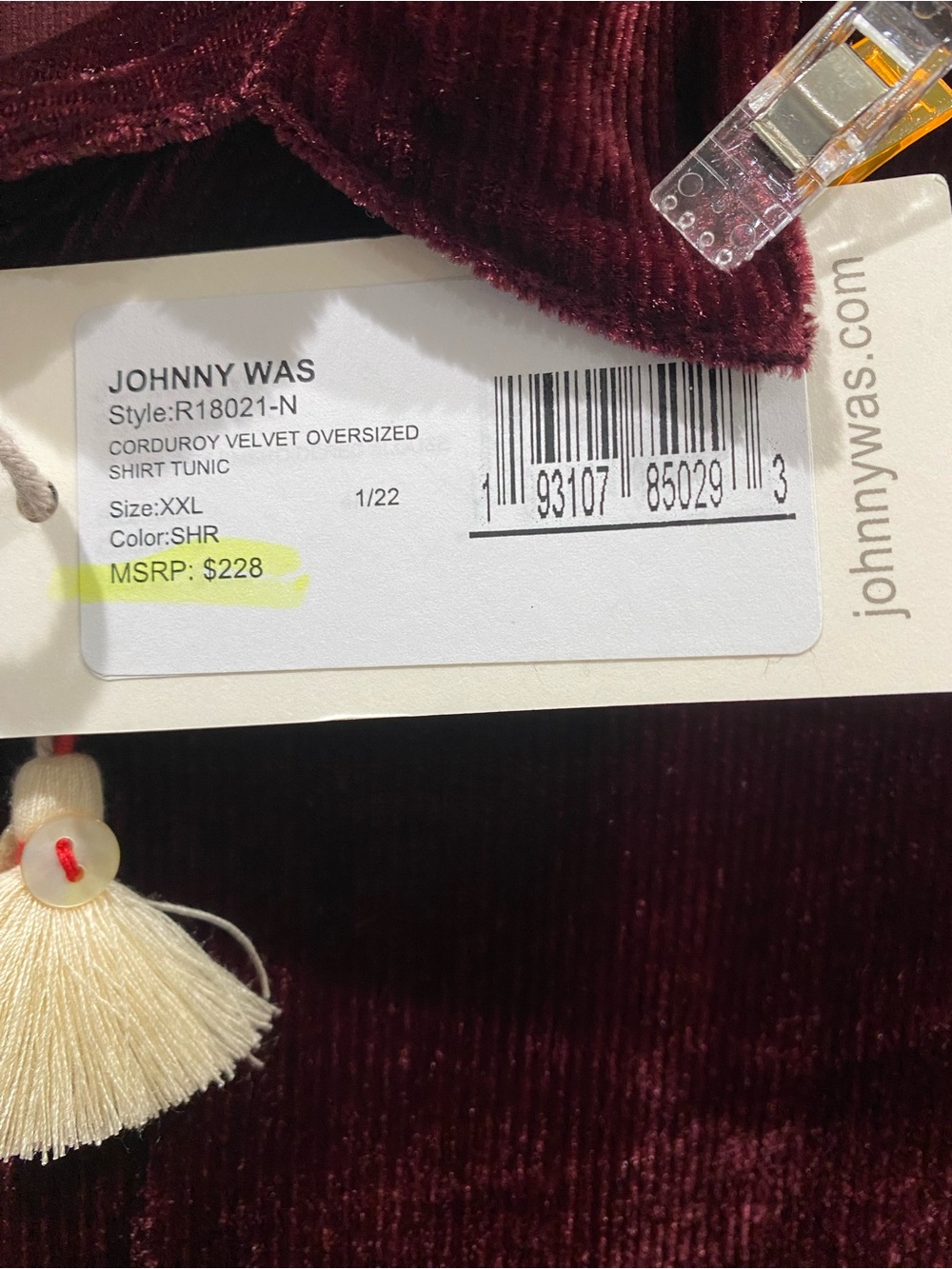 Johnny Was Velvet Button-Front Elegant Tunic Top in Deep Burgundy - Picture 3 of 4